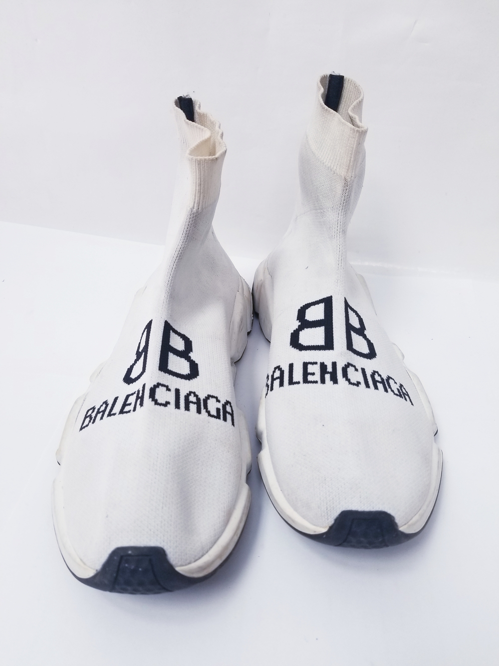 Balenciaga White and Black Logo Stretch-Knit Sock Sneakers